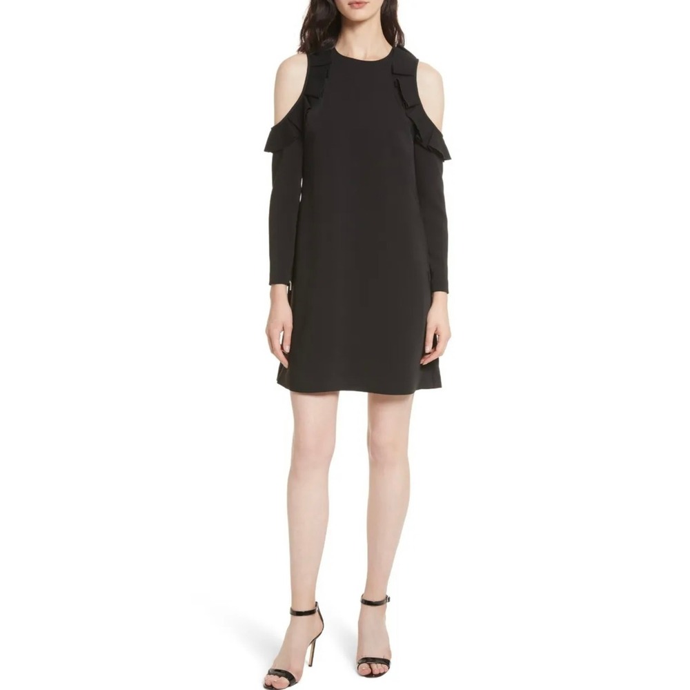 Ted Baker London Black Ruffle Frill Cold Shoulder Siiara Shift Dress 3/US 8‎ NWT